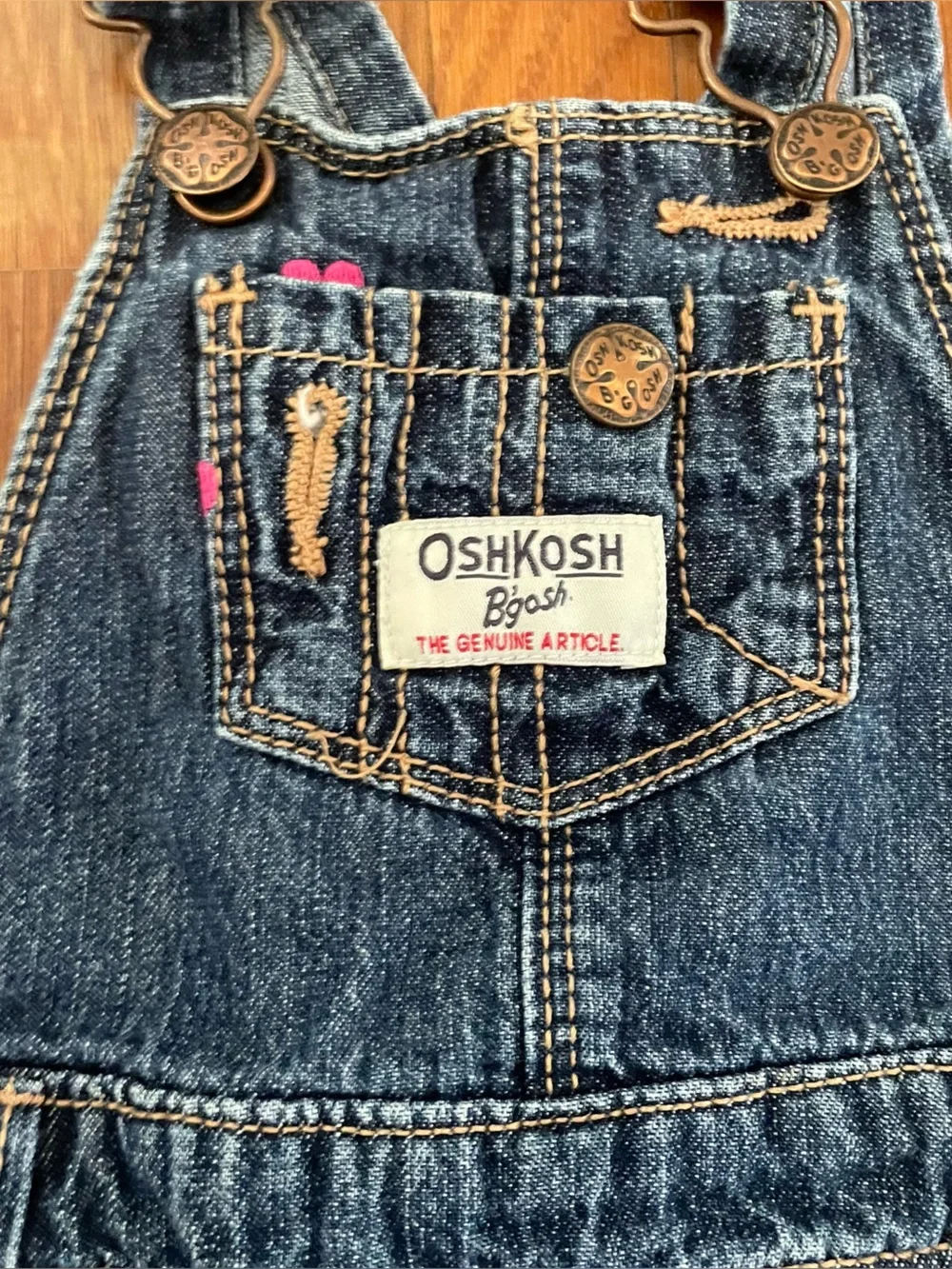 OshKosh B'gosh Dark Blue Denim Overalls with Pink Heart Embroidery
